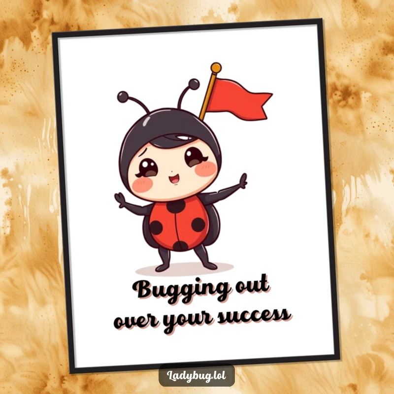 Funny Free Printable wall art depicting a ladybug comically posing with a tiny, triumphant flag, exuding victory and humor.