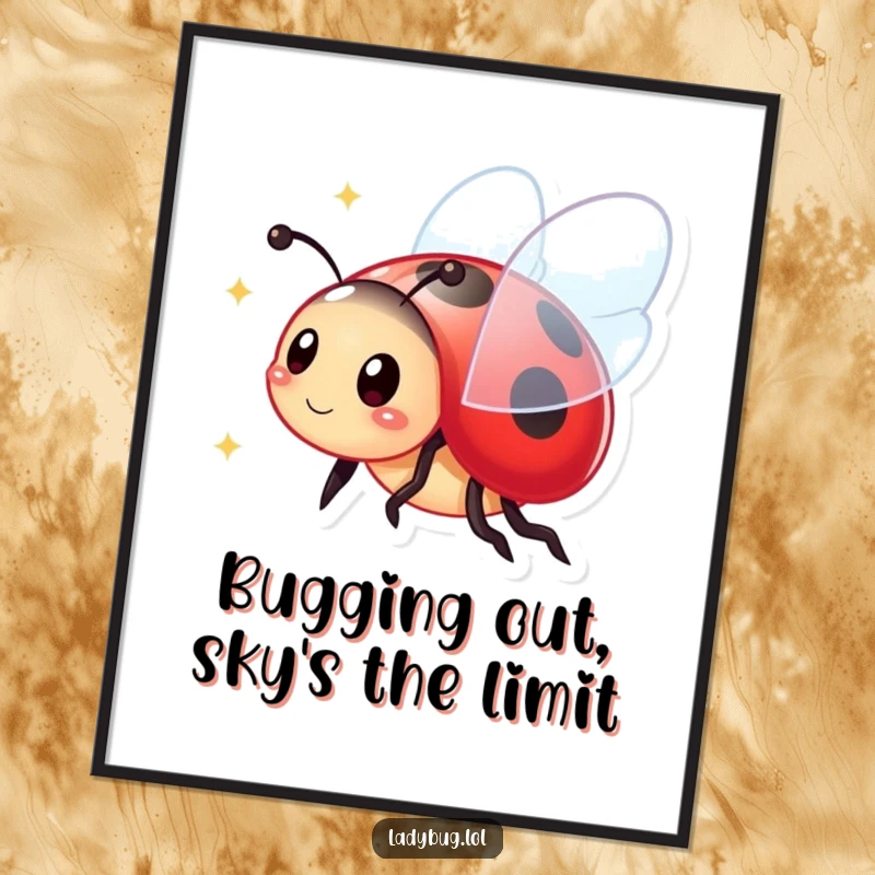 Funny free printable wall art depicting a vibrant ladybug character flying with sparkling wings, adding a touch of magic.