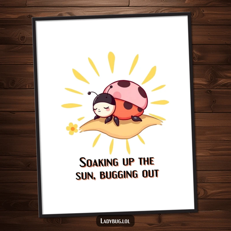 Funny free printable wall art of a charming ladybug character napping soundly on a stylized sunbeam, radiating peace.