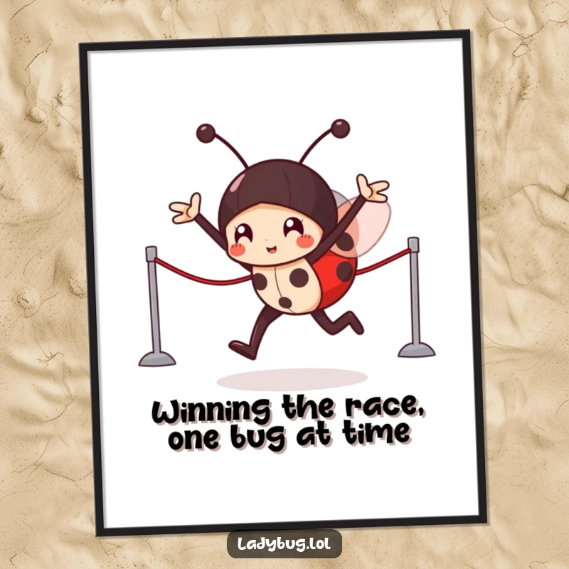 Funny free printable wall art of a victorious ladybug character crossing an imaginary finish line, celebrating a win.