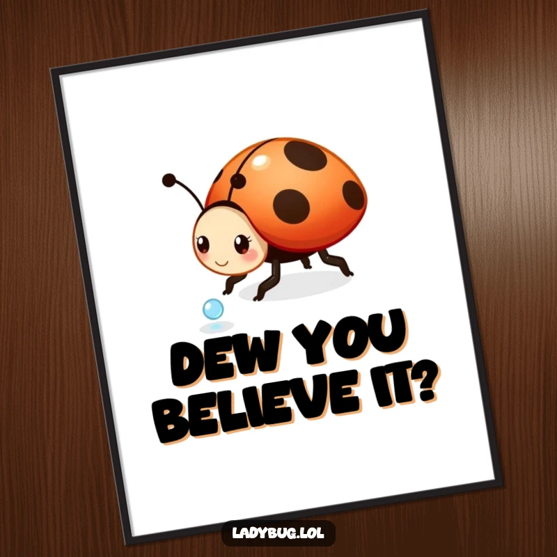 Funny Free Printable Wall Art: A cute ladybug character gleefully rolls a small, shiny dewdrop across a leaf.