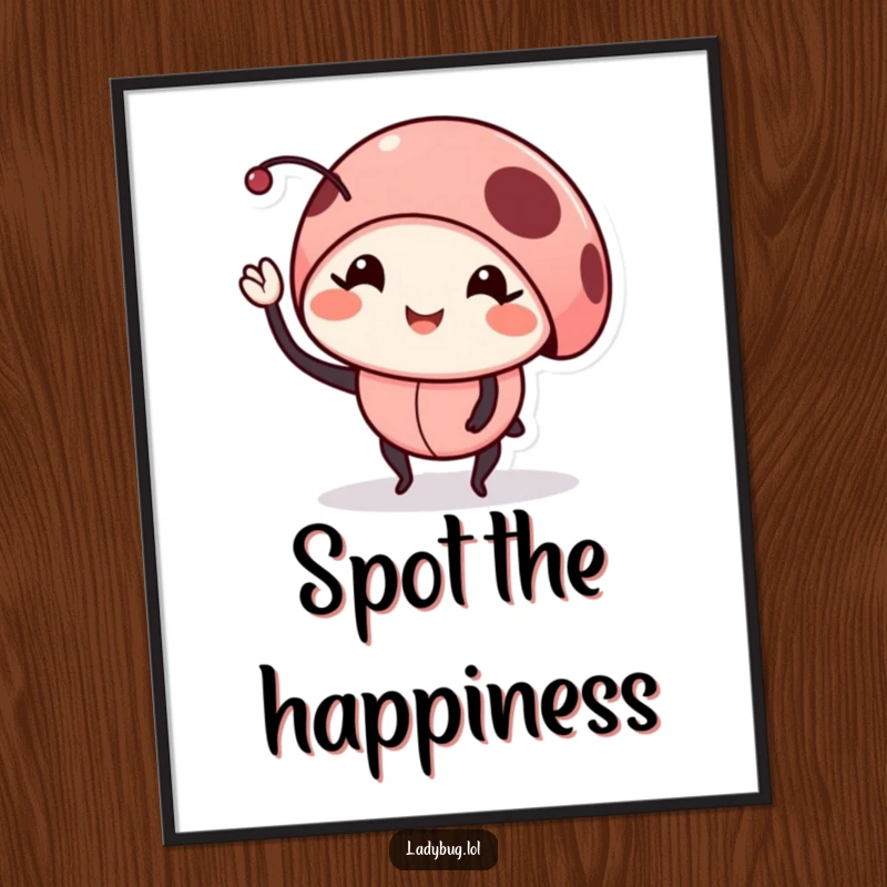 Funny Printable Wall Art: Smiling ladybug character waving one of its small legs with a cheerful demeanor.