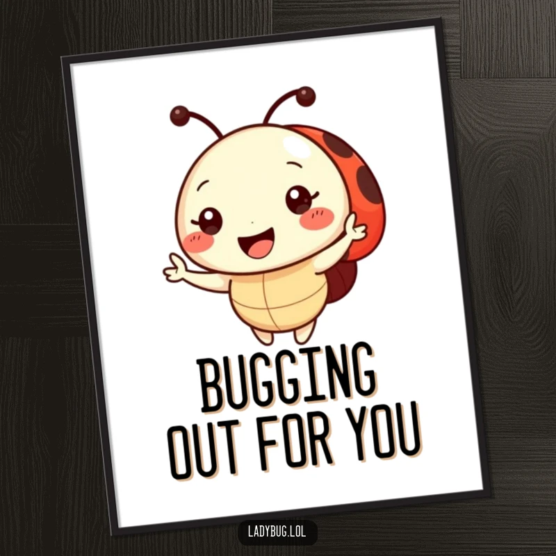 Funny Free Printable Wall Art of a vibrant ladybug with a radiant smile and a friendly waving gesture.