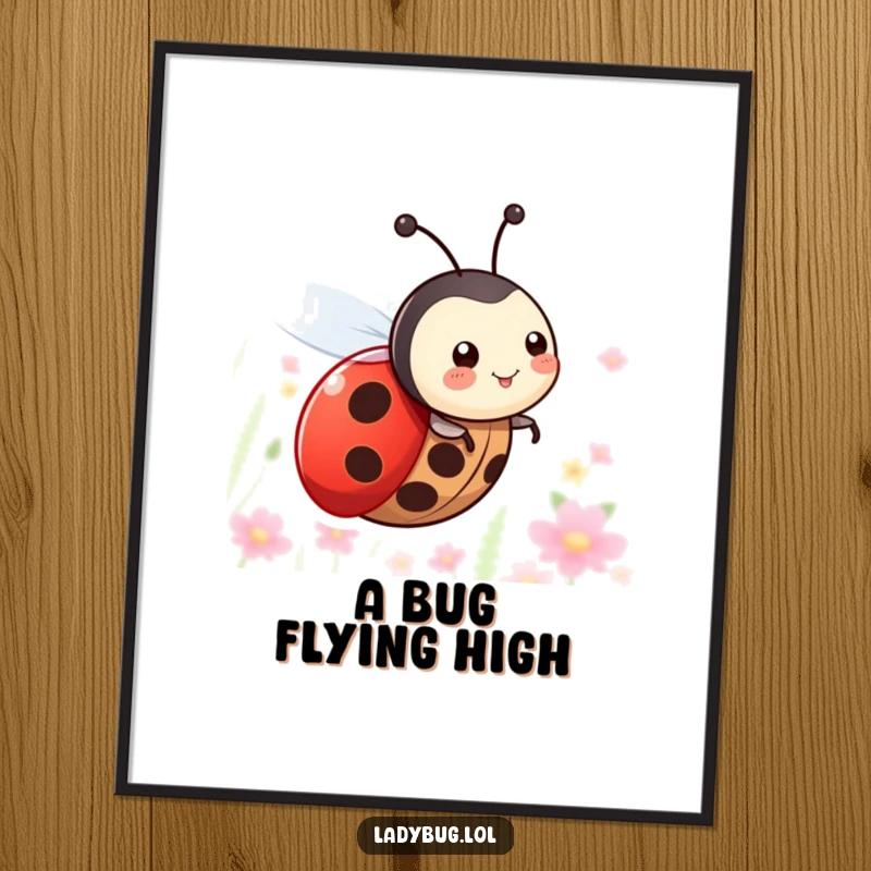 Funny Free Printable Wall Art: Ladybug character with tiny wings happily zooming through the air, adding energetic decor.