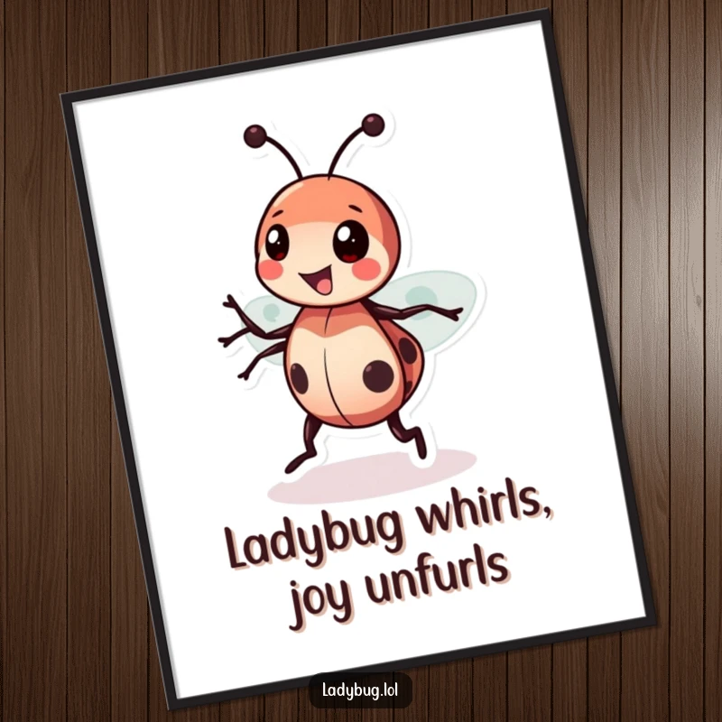Funny Free Printable Wall Art: A joyful ladybug character in a fun, energetic happy spin.