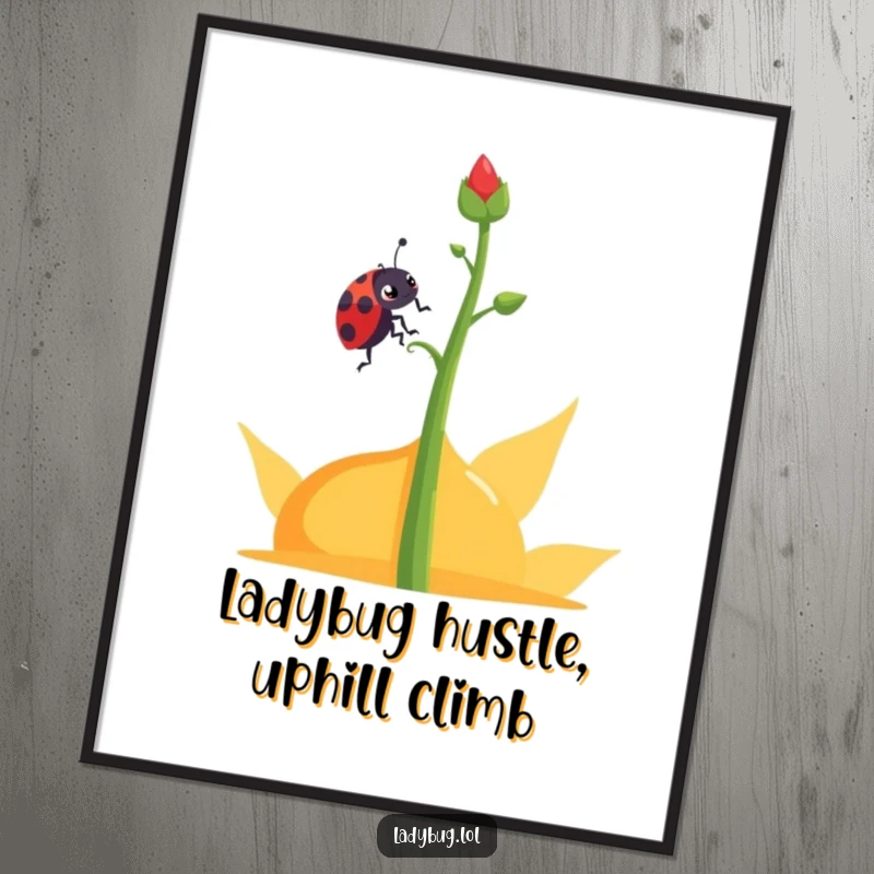 Funny Free Printable Wall Art: Ladybug character determinedly climbing an abstract plant stem, exuding humor and inspiration, perfect for decor.
