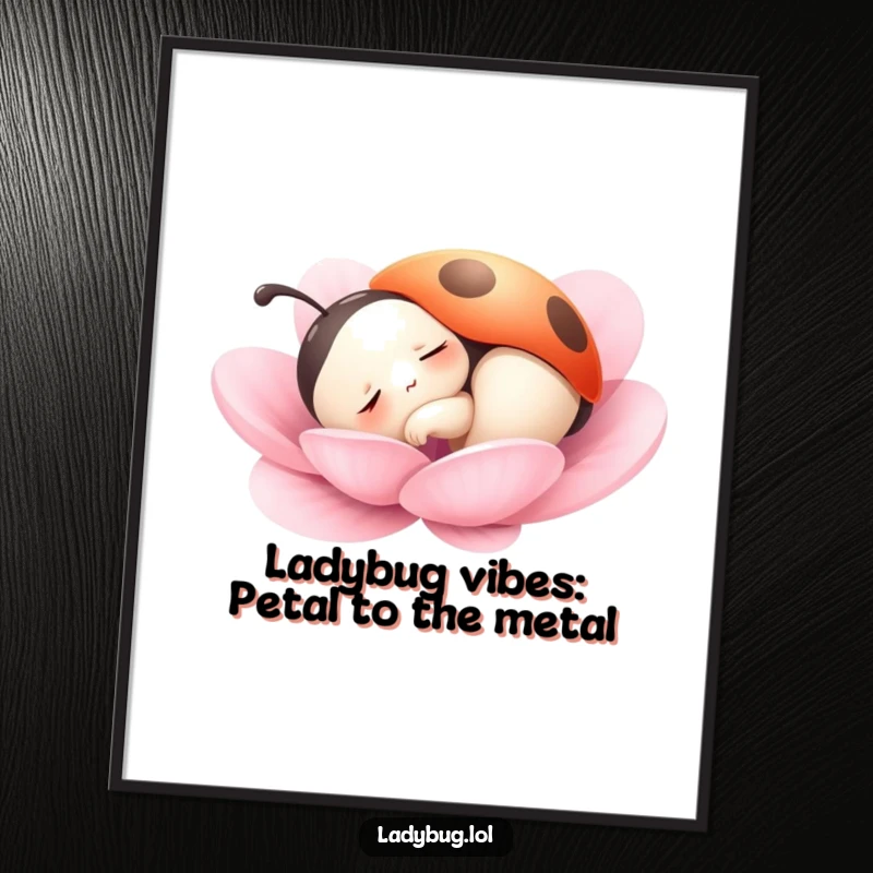 Funny Free Printable Wall Art: Sleepy Ladybug dozing peacefully on a soft petal, serene and cute downloadable art.