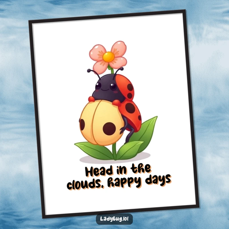 Funny Free Printable Wall Art: A giggling ladybug balancing a tiny flower petal on its head, adding charm.