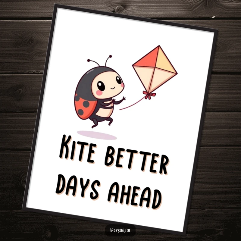 Funny Free Printable wall art depicting a ladybug comically engaged in flying a miniature kite, full of playful, chaotic energy.