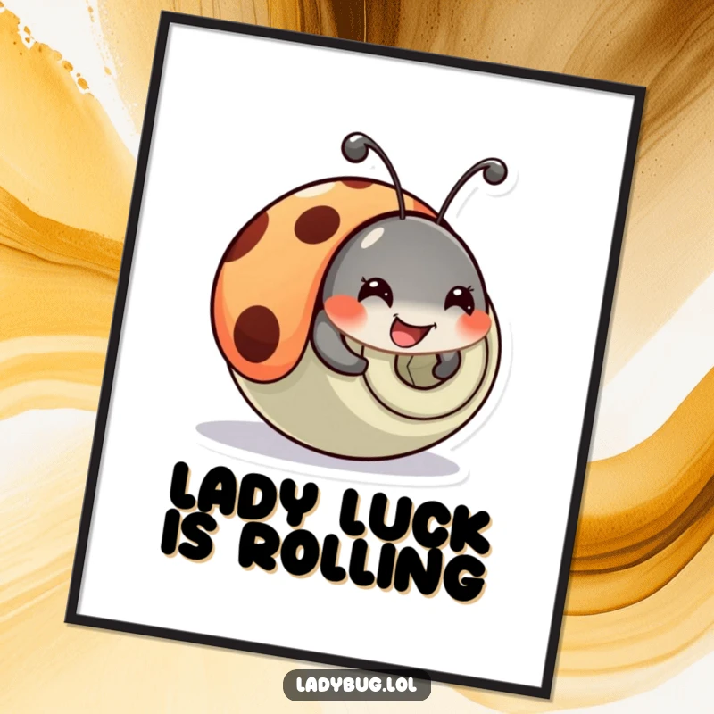 Funny Free Printable Wall Art: A happy ladybug character is comically tumbling with a fun roll.