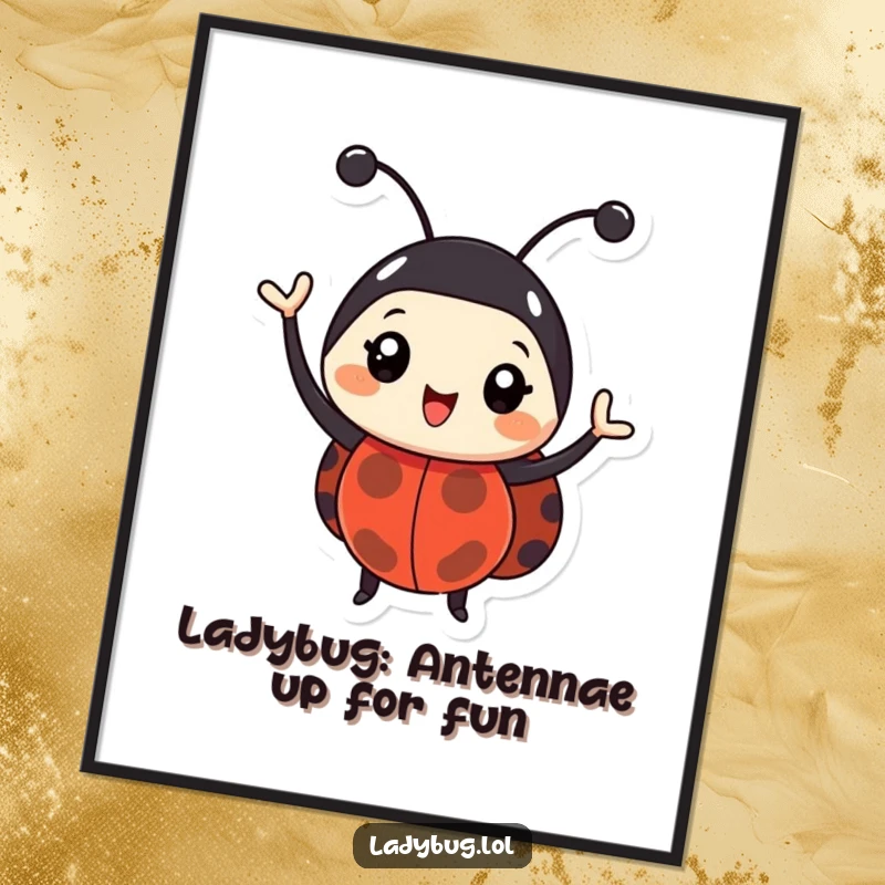 Funny Free Printable Wall Art: A happy ladybug character enthusiastically waving its antennae, bringing a cheerful vibe.