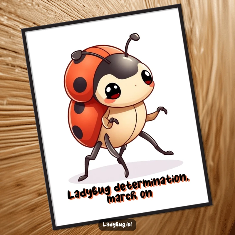 Funny Free Printable Ladybug Wall Art showing a tiny ladybug marching forward with determination, perfect for adding cheerful decor.