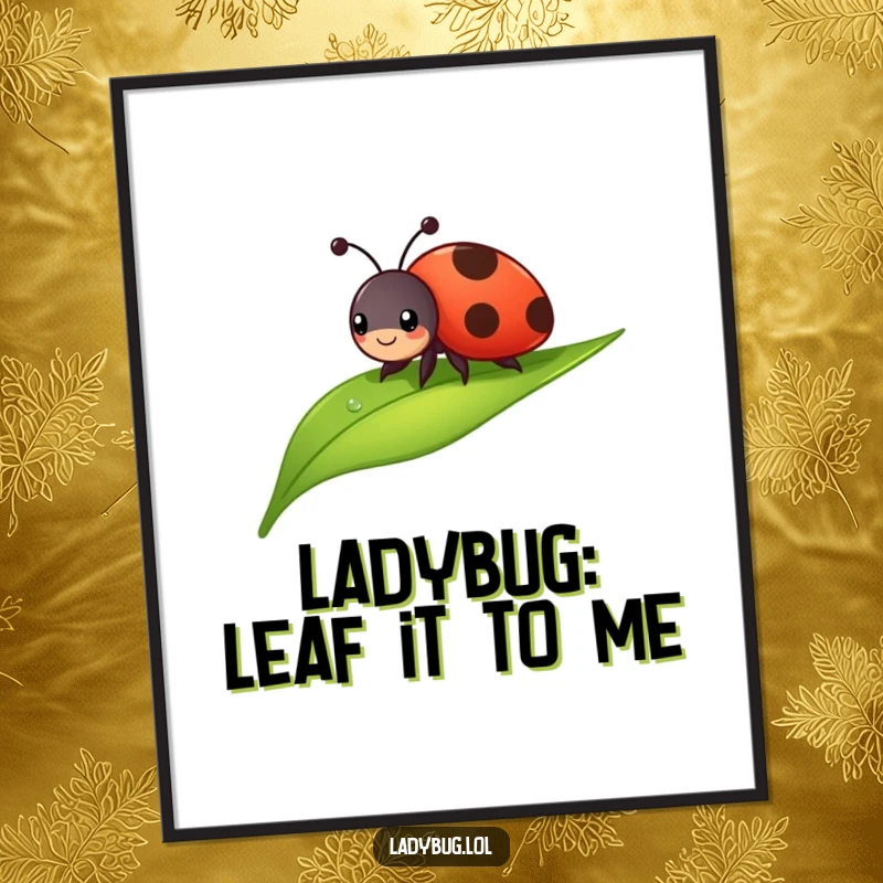 Funny Free Printable Wall Art: A cheerful ladybug character sliding smoothly down a dewdropped leaf with a joyous expression.
