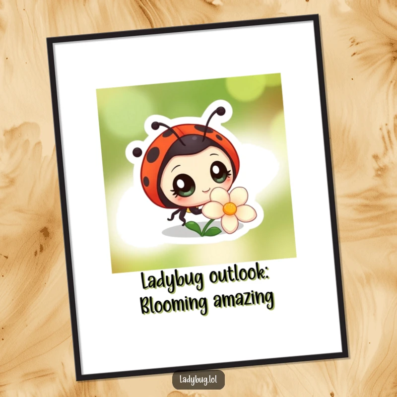 Funny Free Printable Wall Art: Curious Ladybug with big eyes observing a flower, sweet and detailed downloadable art.