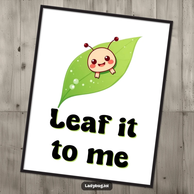 Funny Free Printable Wall Art: A delighted ladybug character joyfully slides down a dewy leaf, embodying pure delight.