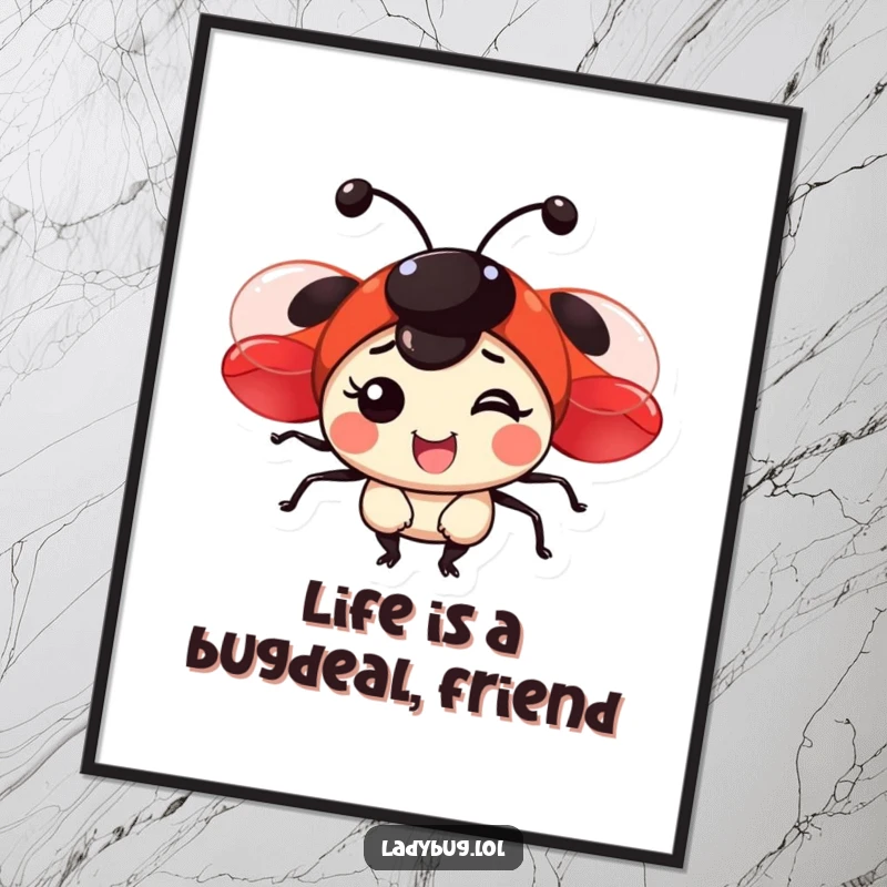 Funny Free Printable ladybug wall art showcasing a joyful character with shiny red wings looking cheerful and vibrant.