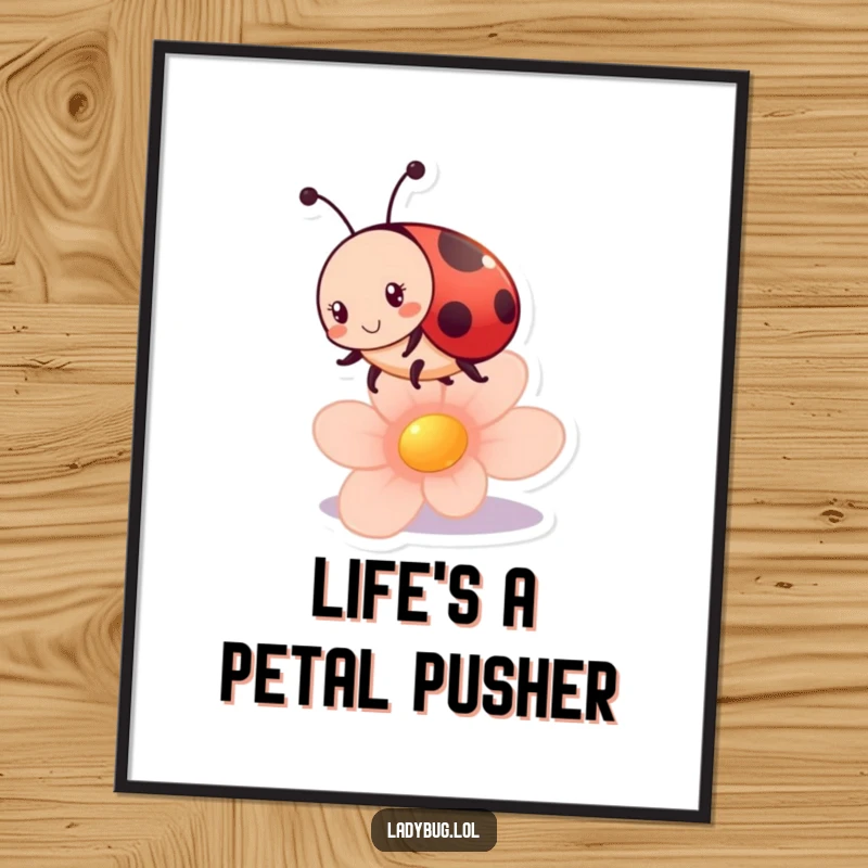 Funny Free Printable Wall Art of a cute ladybug character joyfully bouncing on a flower petal, adding a whimsical touch to any room.