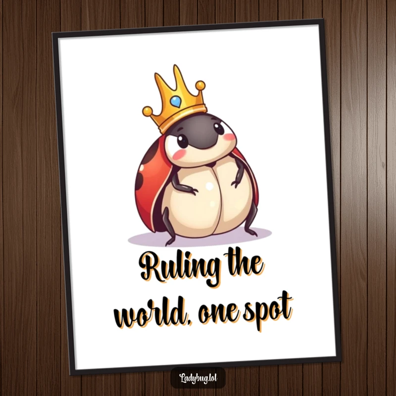 Funny Free Printable Wall Art: Ladybug wearing a tiny crown comically surveys its domain like a tiny ruler.