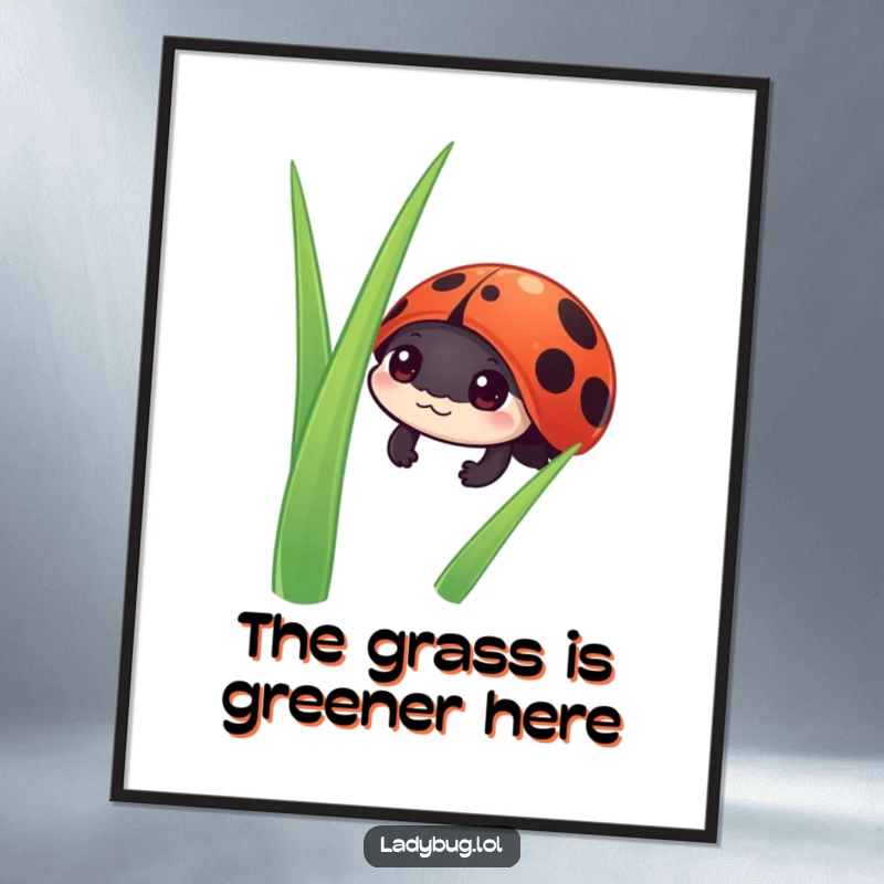 Funny Free Printable Wall Art featuring a curious ladybug character peeking shyly from behind a blade of grass, perfect for a playful room.