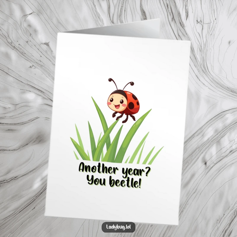 Funny Free Printable Birthday Card: A giggling ladybug joyfully scales a vibrant green blade of grass, ready to deliver birthday wishes.