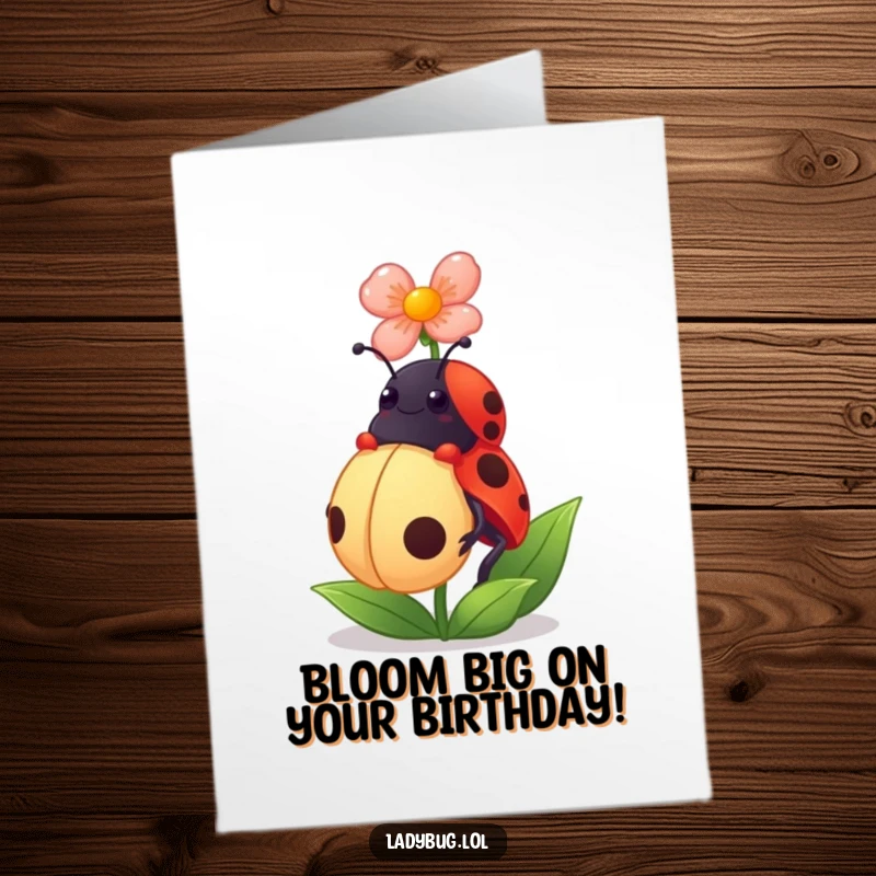 Funny Free Printable Birthday Card: A giggling ladybug elegantly balancing a tiny pink flower petal on its head, looking delightful.