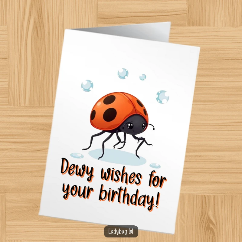 Funny Free Printable Juggling Ladybug Birthday Card: A giggling ladybug comically juggles dewdrops.