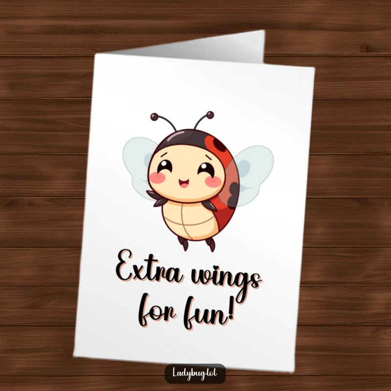 Funny Free Printable Birthday Card: A cheerful ladybug comically attempts to fly with extra wings, a bug-tastic effort.