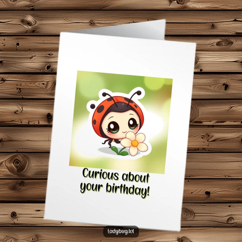 Funny Free Printable Birthday Card: Curious Ladybug with big eyes observing a flower, sweet and downloadable gift.