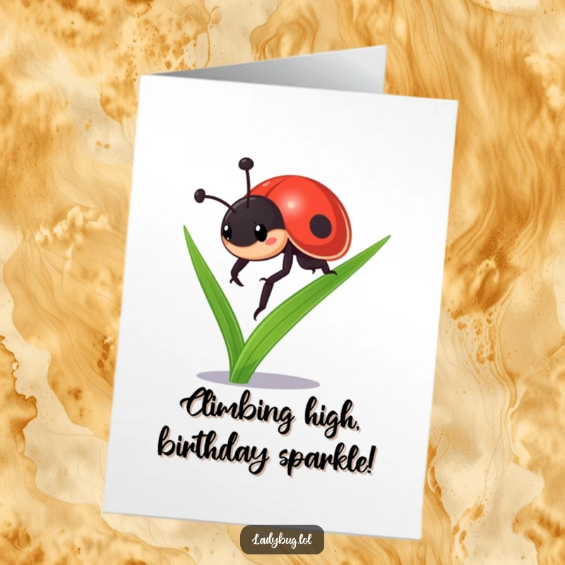 Funny Free Printable Birthday Card: Determined ladybug with a mission scales a tall blade of grass, symbolizing perseverance.