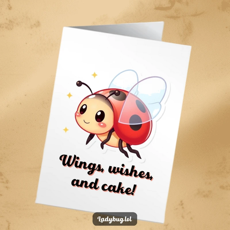 Funny free printable birthday card featuring a vibrant ladybug character flying with sparkling wings, spreading joy.