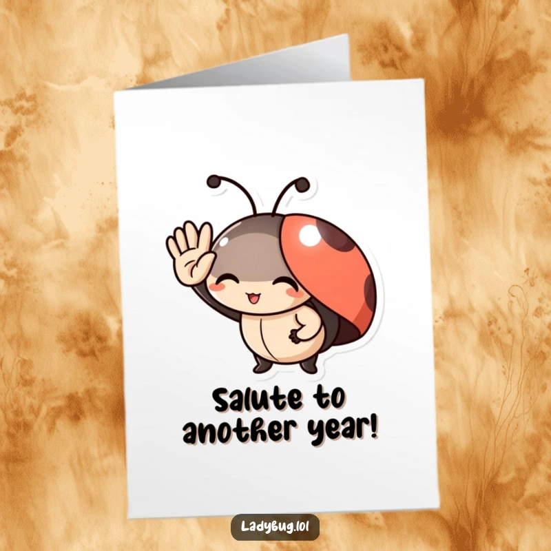 Funny free printable birthday card showing a delighted ladybug character giving a tiny, cheerful salute.