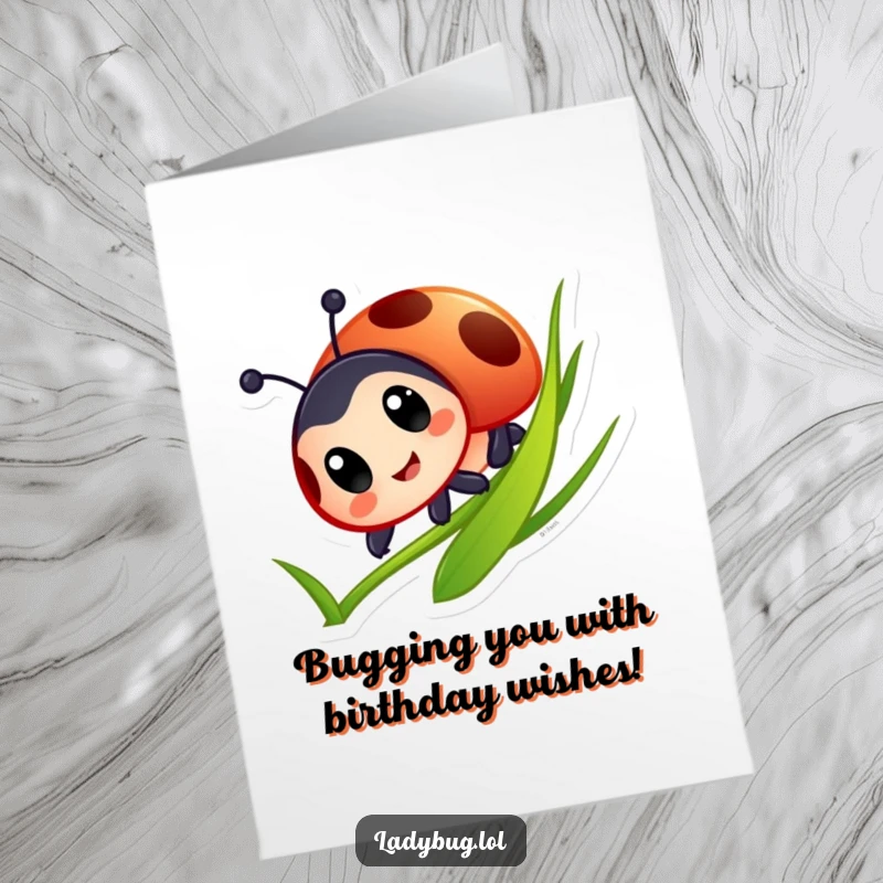 Funny Free Printable Birthday Card: Big-eyed ladybug joyfully slides down a lush green blade of grass.