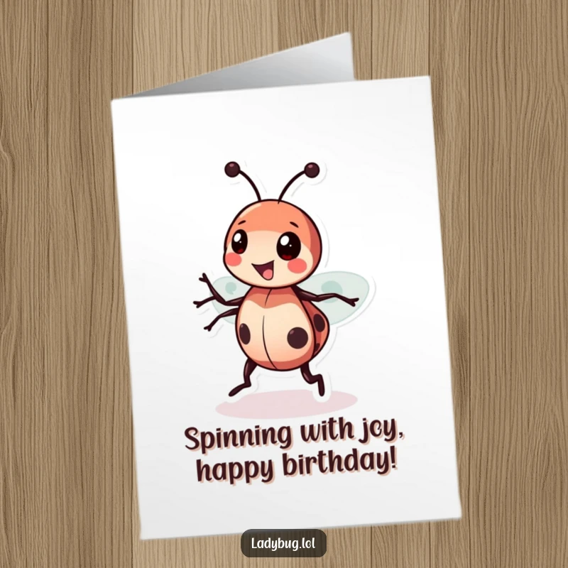 Funny Free Printable Birthday Card: A joyful ladybug character doing a happy, energetic spin.