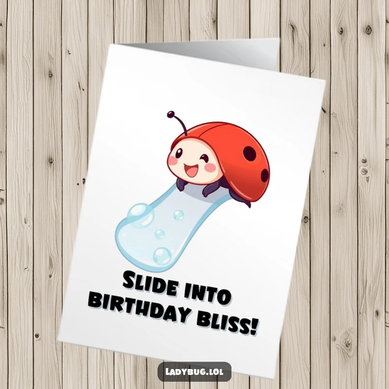 Funny Free Printable Birthday Card: A delighted ladybug sliding down a shiny dewdrop like a slide, having a blast.