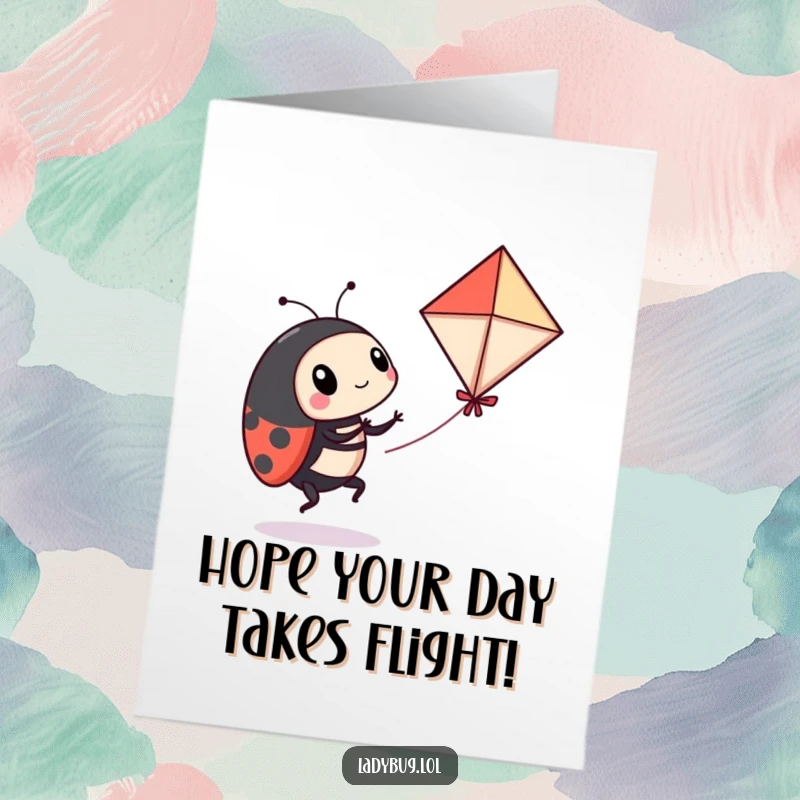 Funny Free Printable birthday card featuring a determined ladybug comically struggling to fly a tiny kite, full of energetic fun.