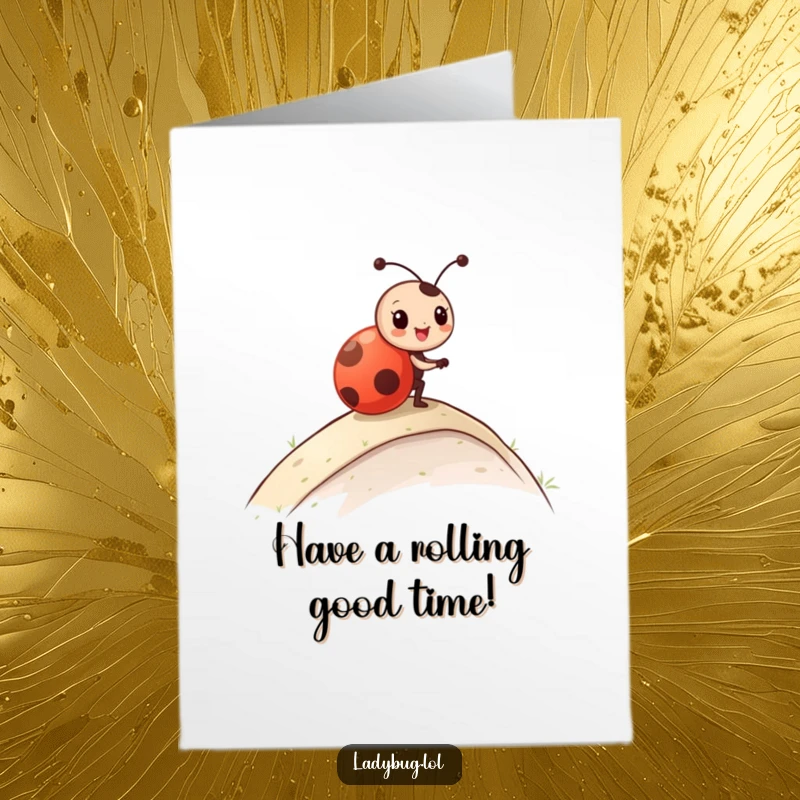 Funny Free Printable Birthday Card showcasing a ladybug character joyfully rolling down a hill with pure delight.