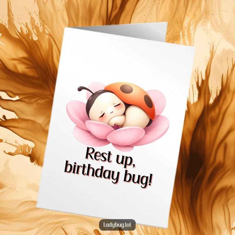 Funny Free Printable Birthday Card: Sleepy Ladybug dozing on a petal, peaceful and cute, downloadable gift.