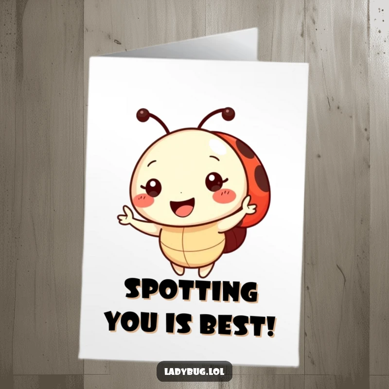 Funny Free Printable Birthday Card featuring a smiling ladybug character waving hello with a radiant expression.