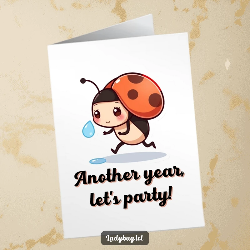 Funny Free Printable ladybug birthday card: a busy character carrying a dewdrop, symbolizing a day full of wishes.