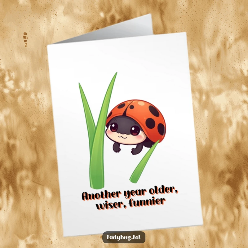 Funny Free Printable Birthday Card: A curious ladybug character peeking cautiously from behind a tall blade of grass, with wide, inquisitive eyes.