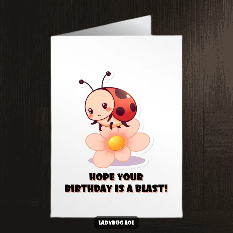 Funny Free Printable Birthday Card featuring a joyful ladybug character gleefully bouncing on a colorful flower petal, radiating pure happiness.