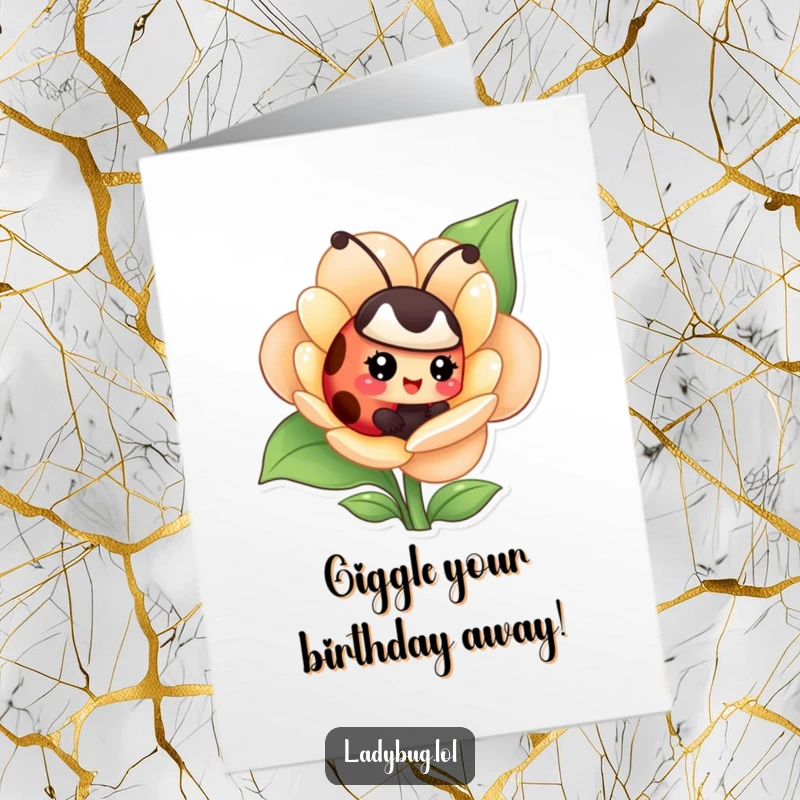 Funny Free Printable ladybug birthday card: a giggling character peeking from inside a flower, ready for birthday fun.