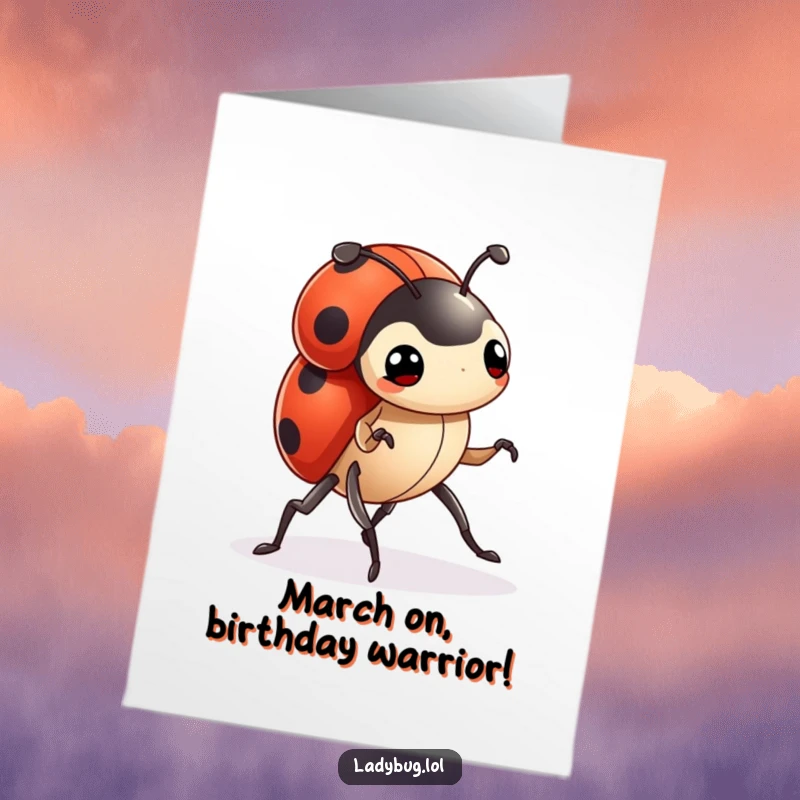 Funny Free Printable Ladybug Birthday Card featuring a tiny ladybug character marching forward with determination, ready for birthday fun.