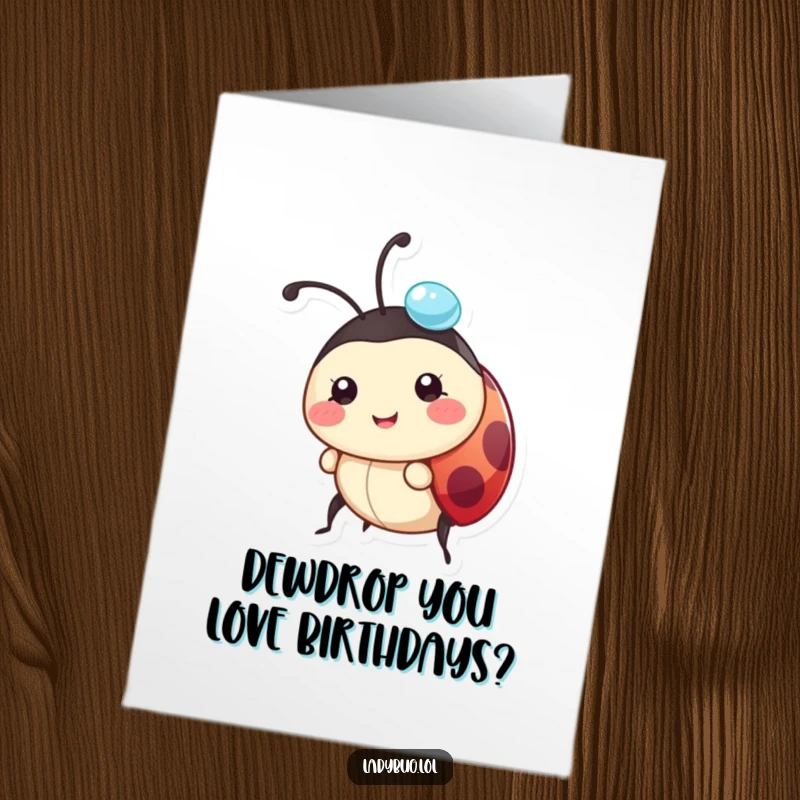Funny Free Printable Ladybug Birthday Card: a happy ladybug balances a sparkling dewdrop on its head, looking fresh and cheerful.