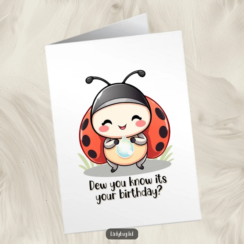 Funny Free Printable Ladybug Birthday Card, a happy ladybug carries a tiny dewdrop like a trophy, celebrating big.