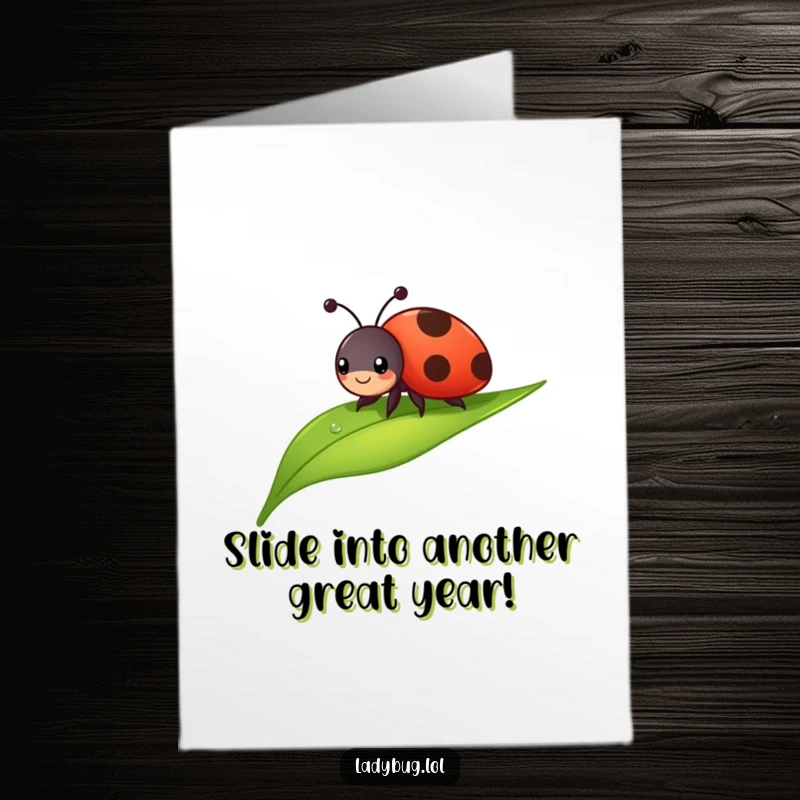 Funny Free Printable Birthday Card: A cheerful ladybug character sliding joyfully down a dewdropped leaf, full of birthday spirit.