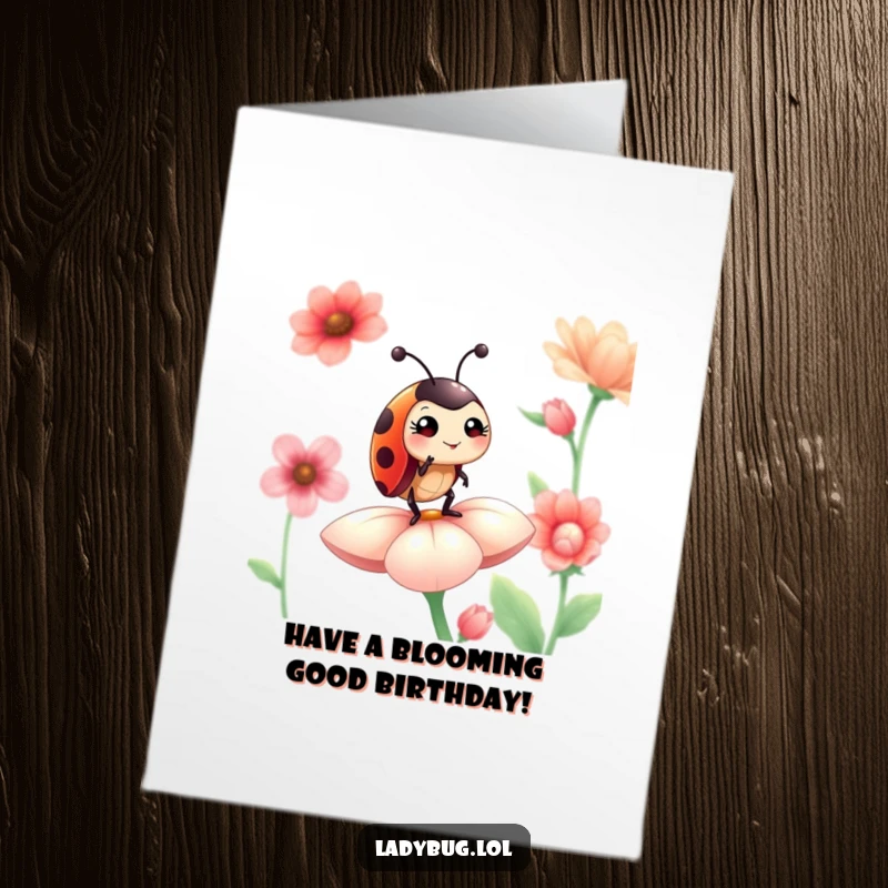 Funny Free Printable Ladybug Birthday Card, a winking ladybug stands proudly on a vibrant flower petal, full of charm.