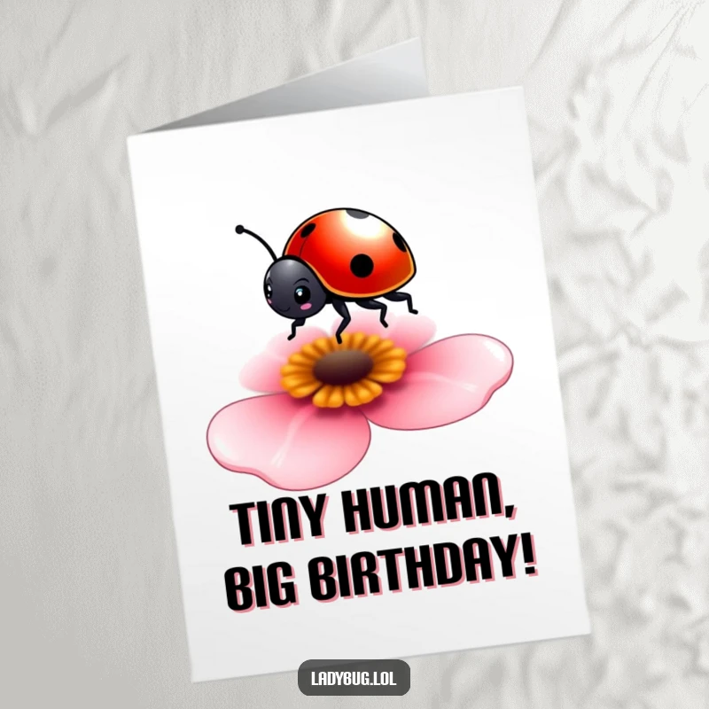 Funny Free Printable ladybug birthday card: a tiny character delicately balancing on a flower petal, wishing happy birthday.