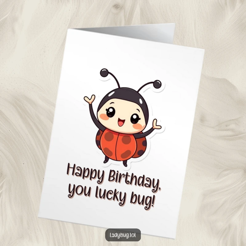 Funny Free Printable Birthday Card: A happy ladybug character enthusiastically waving its antennae, sending birthday cheer.