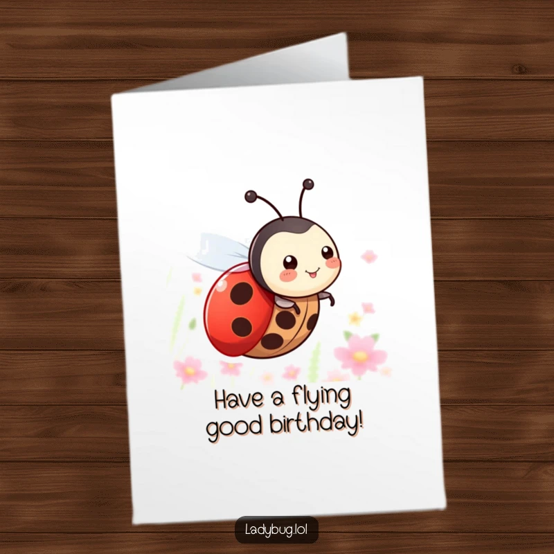 Funny Free Printable Birthday Card: Ladybug character with tiny wings happily zooming through the air, celebrating a birthday.